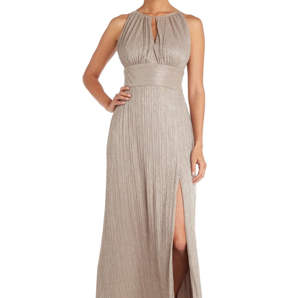 Shimmering Taupe Halter Maxi Dress with Keyhole